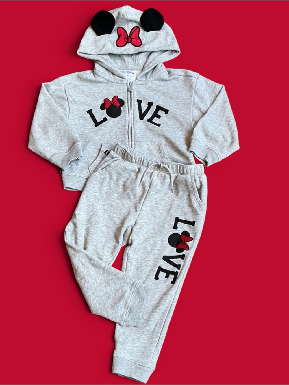 🐭 Disney For Baby Gap Gray Minnie Mouse LOVE Hooded Jogger Set w/ Red Bow
